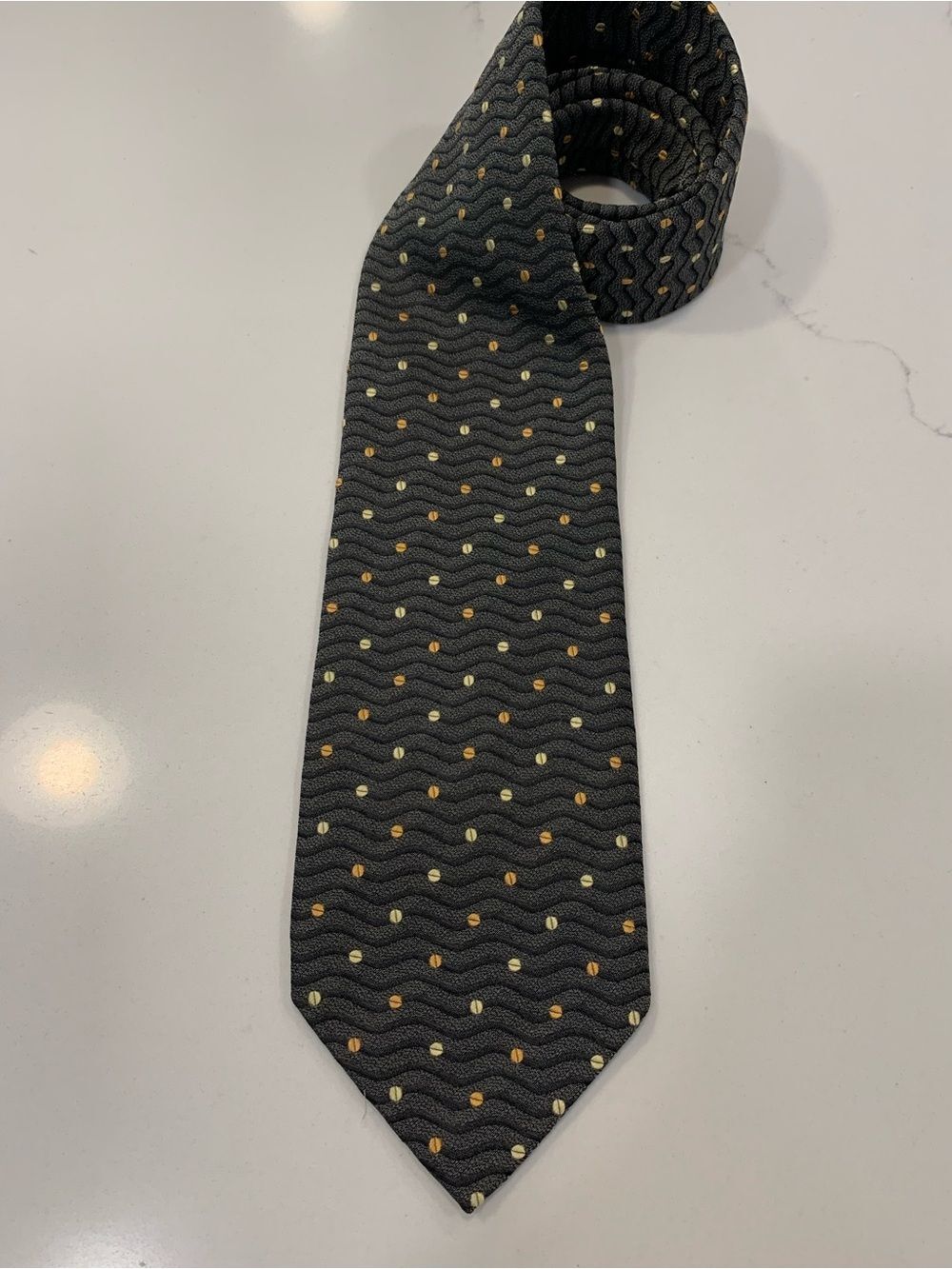 BACHRACH Silk Necktie L: 60" W: 3.5" Gray Wavy Texture Orange Yellow Dot Pattern